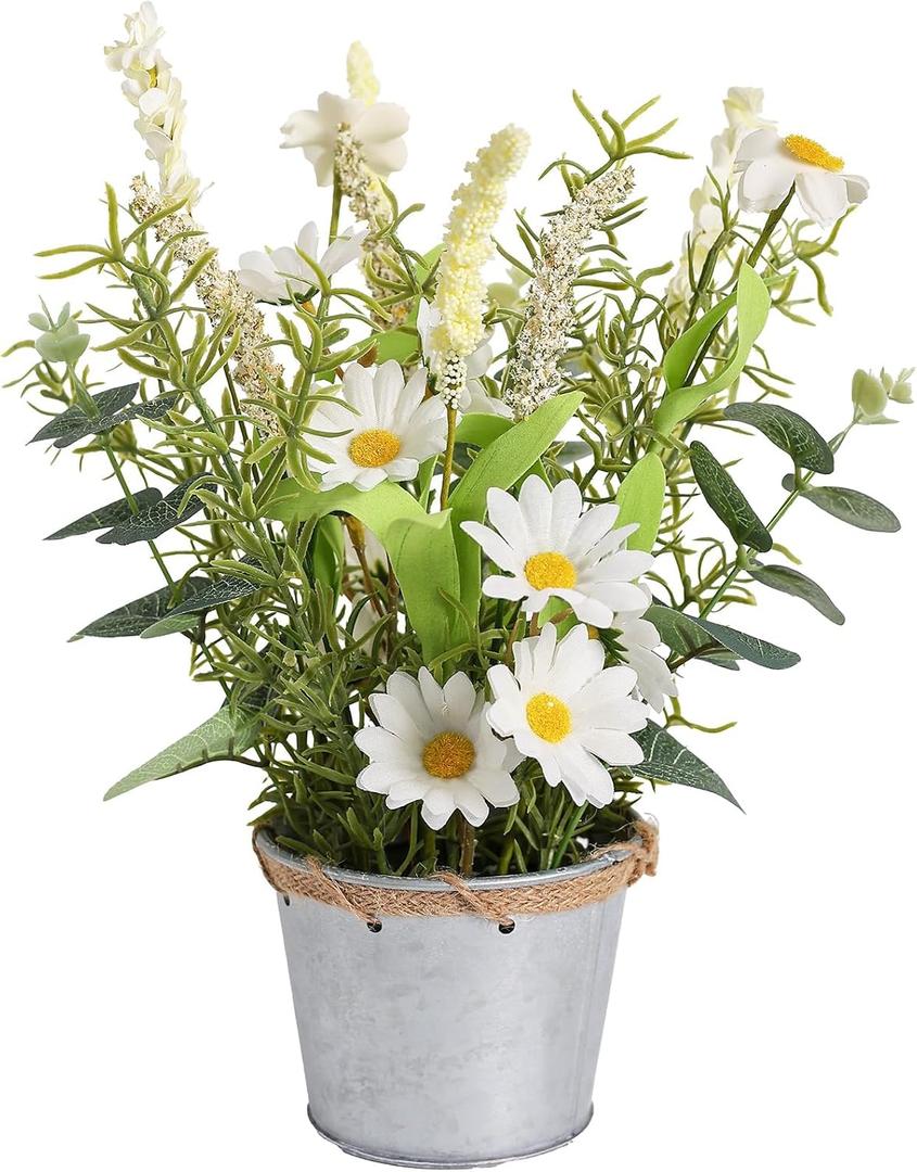 Artificial Flowers Potted, 12.2' Small Flower Arrangement with White Daisy Lavender in Metal Pot, Fake Floral Centerpieces for Tables Spring Summer All Season Home Indoor Decorations