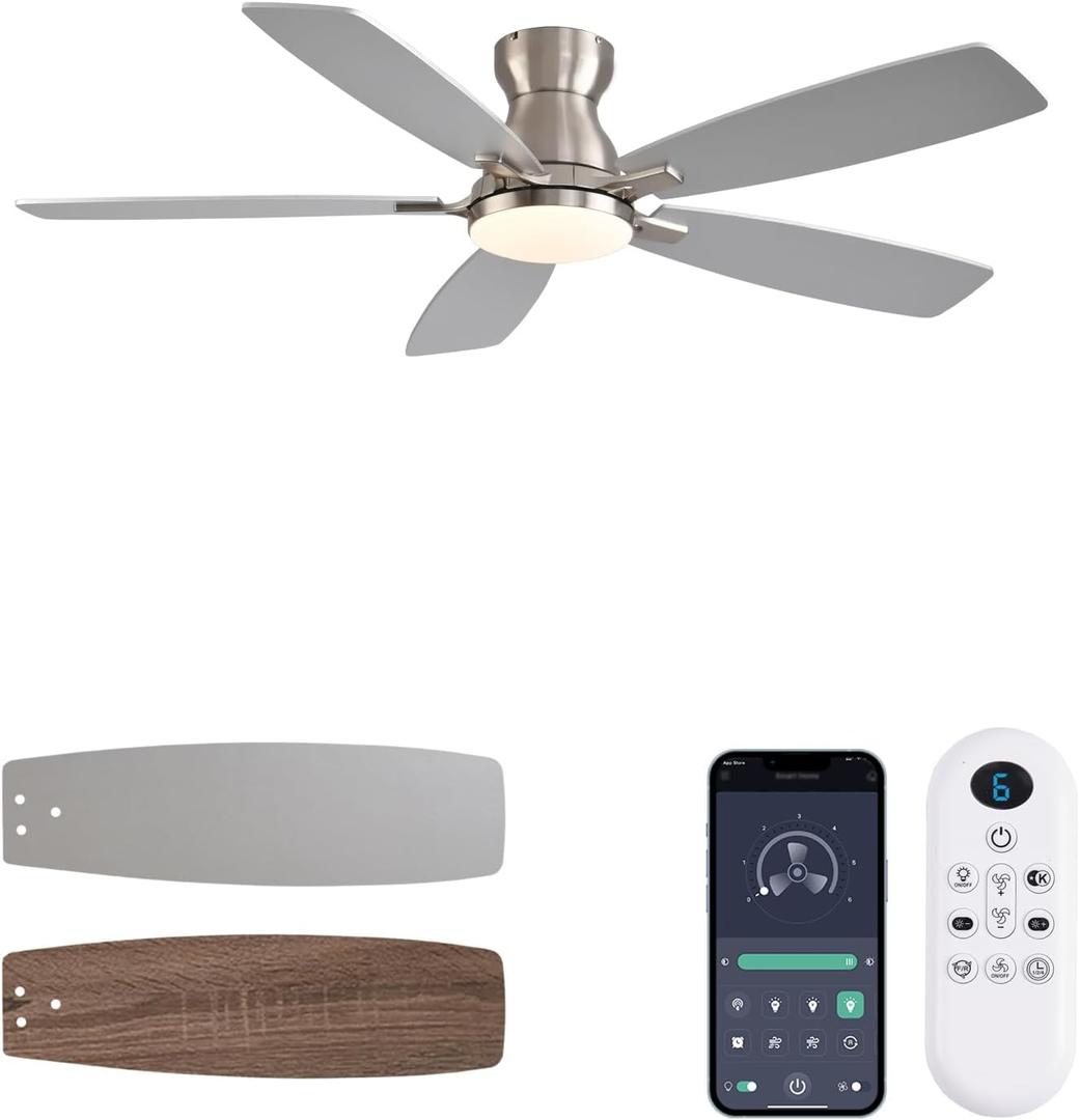 Ceiling Fans with Lights, 52 Inch Low Profile Ceiling Fan with Light and Remote Control, Flush Mount, DC Reversible Motor, Noiseless, Nickel 6 Speeds Ceiling Fan for Bedroom
