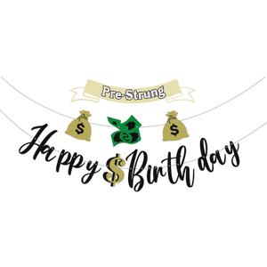 Dollar Theme Happy Birthday Banner Money Dollar Bill Signs Bunting Decor, Birthday Party Decoration Supplie