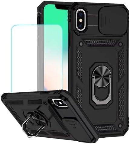 Vokuha Case for iPhone Xs Max Case with Tempered Glass Screen Protector and Slide Camera Cover, 360° Rotate Ring Stand Magnetic Cover for iPhone Xs Max Black