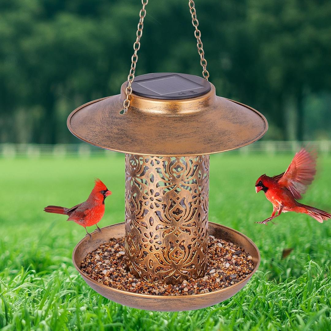 Ottsuls Solar Bird Feeder for Outdoors Hanging, Metal Wild Cardinals Garden Lantern with S Hook, Weatherproof and Water Resistant Birdfeeders as Gift Idea for Women Mom Grandma Bird Lovers (Bronze) (8"x8", Brown)