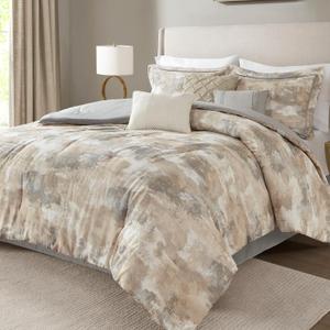 Madison Park King Comforter Set, Abstract Print with Luxurious Texture, Fluffy King Bedding Sets, All Season Down Alternative Cotton Blend King Bed Set with Bedskirt & Dcor Pillows, Gray 7 Piece
