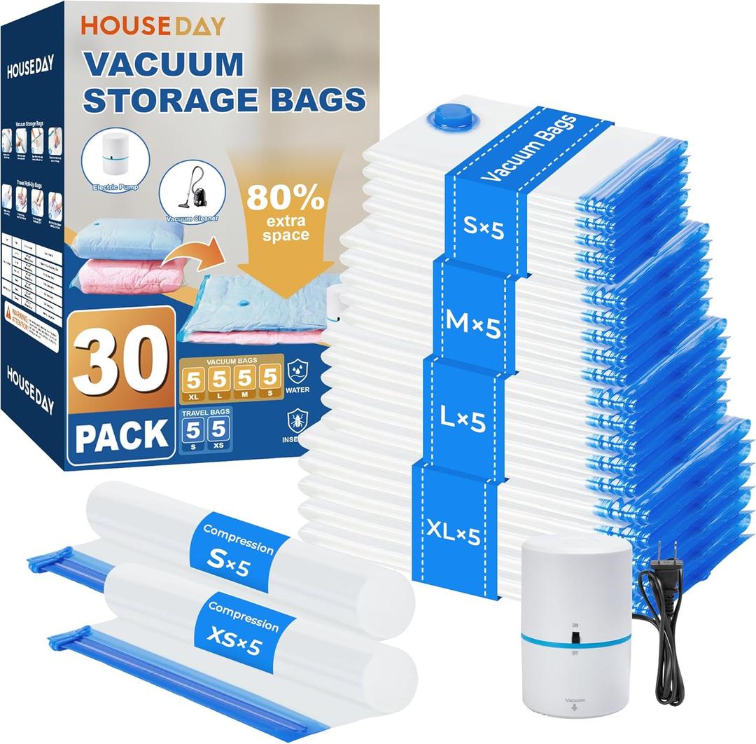 HOUSE DAY 30 Pack Vacuum Storage Bags with Electric Pump, 4 Sizes + 2 Roll-Up (5 Each), Space Saver Vacuum Seal Bags for Clothing, Bedding, Pillows, Travel  Airtight Seal, Reusable & Durable