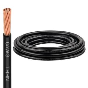 XRDS-RF THHN Wire 15FT, 6AWG Stranded Copper THHN Electrical Wire, Black Nylon-Coated Thermoplastic Insulated Cable for Indoor Conduit Wiring, 600V Rated