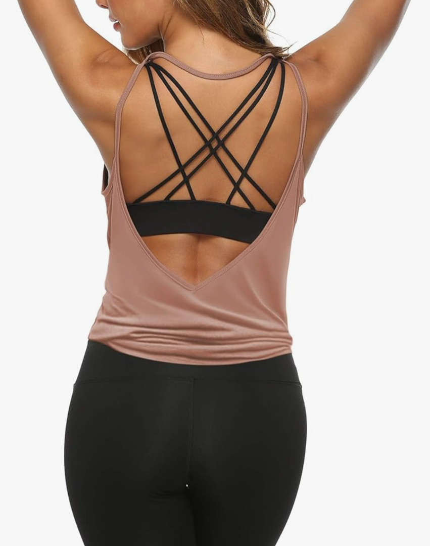 OYANUS Womens Workout Shirts Sexy Open Back Activewear Workout Clothes Sports Yoga Tank Tops Beige/Black M