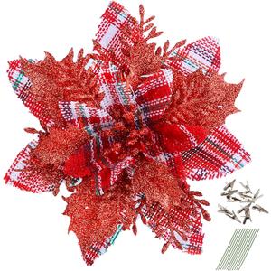 GREENTIME 12 Pcs Glitter Poinsettia 5.5" Artificial Flowers Christmas Farmhouse Plaid with Clips Stems Xmas Tree Ornaments for New Year Stairs Fireplace Porch Balcony Garden Church Wreath Decoration (Red&white Rlattice)