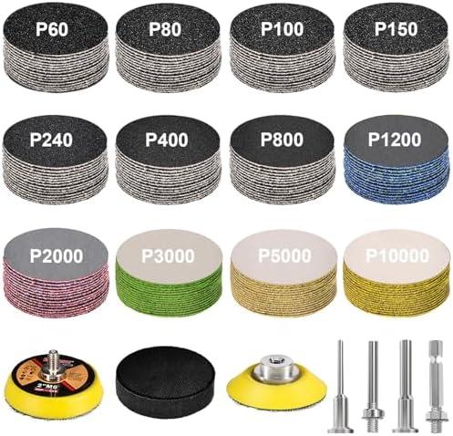 187 Pieces 2 Inch Sanding Disc, GOH DODD Wet Dry Sandpaper with Interface Pad and Backer Plate 1/4" Shank, 60-10000 Grits Grinding Abrasive Sand Paper for Auto Metal Glass Resin Wood Sanding