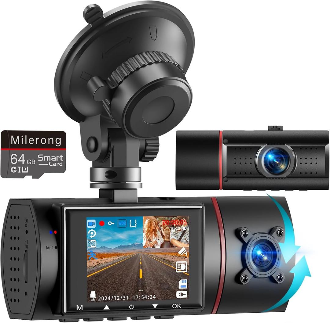 Dual Dash Cam Front and Inside with 64GB Card,Milerong X25 1080P Dash Camera for Cars with Infrared Night Vision,Loop Recording,G-Sensor,24H Park Monitor,Inside Car Camera for Uber/Lyft/Taxi Driver