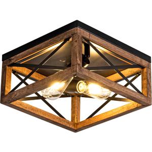 Rpzloila Flush Mount Ceiling Light Fixture for Kitchen Hallway, 2-Light Close to Ceiling Light with Black Metal and Wood Design, Rustic Farmhouse Ceiling (Bulb not Included)