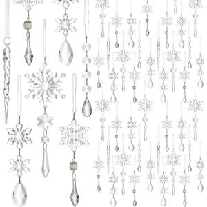 Syhood 100 Pcs Crystal Christmas Ornaments Hanging Christmas Tree Decorations Clear Acrylic Snowflake and Icicle with Drop Pendants for Xmas Winter New Year Party Supplies Home Decor