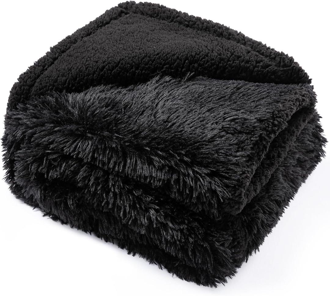 Fluffy Long Faux Fur Throw Blankets for Couch Black Calming Pet Blanket for Small Dogs Puppy Warm Sofa Bed Winter Covers(Black,XS-28x20in)