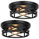 Bosceos 2-Light Flush Mount Ceiling Light Fixtures, 2-Pack Farmhouse Black Ceiling Lights, Industrial Metal Cage Light Fixtures with Adjustable Head for Bedroom Hallway Kitchen