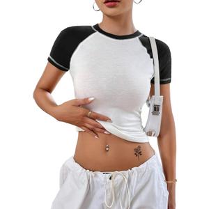 LilyCoco Women's Raglan Sleeve Tops Baby Crop Tees Color Block Crew Neck T Shirt White Small (S)