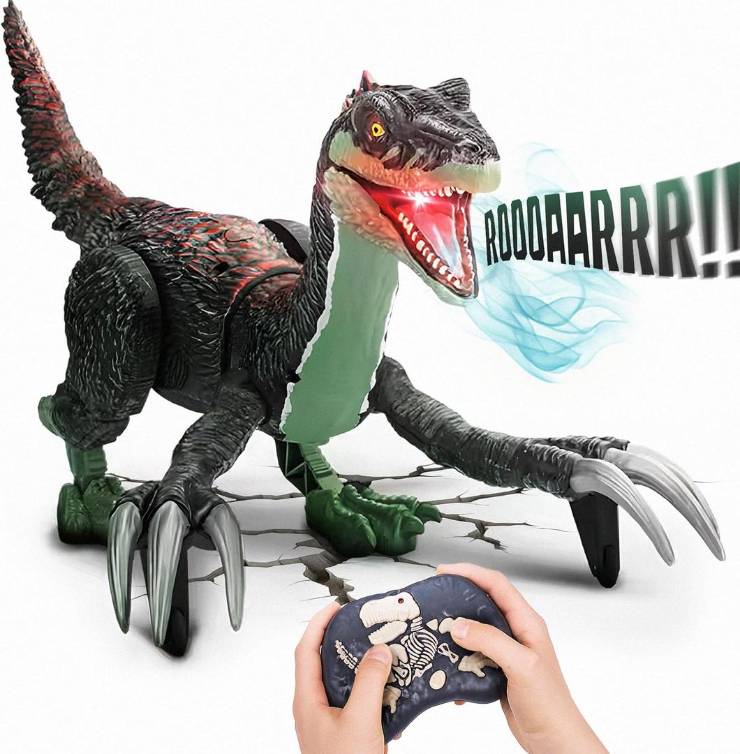 Remote Control Dinosaur Toy for Kids - RC Dinosaur - Walking Velociraptor Toy with Mist Spray, Lights & Roar - Birthday Gift Ideas for Boys and Girls 3-5 5-7 8-12 Year Old