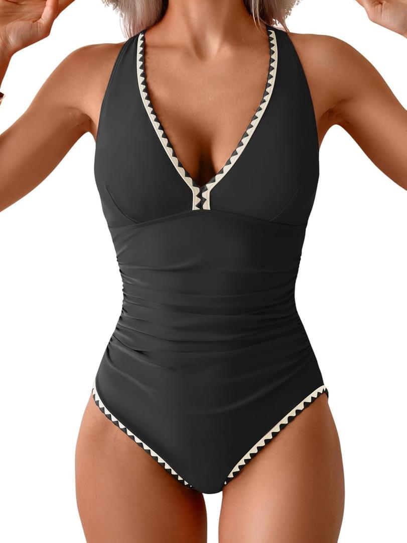 B2prity One Piece Swimsuit for Women Tummy Control Ruched Bathing Suit Push Up Tie Back Swimwear Shell Stitched (XX-Large, Black, White)