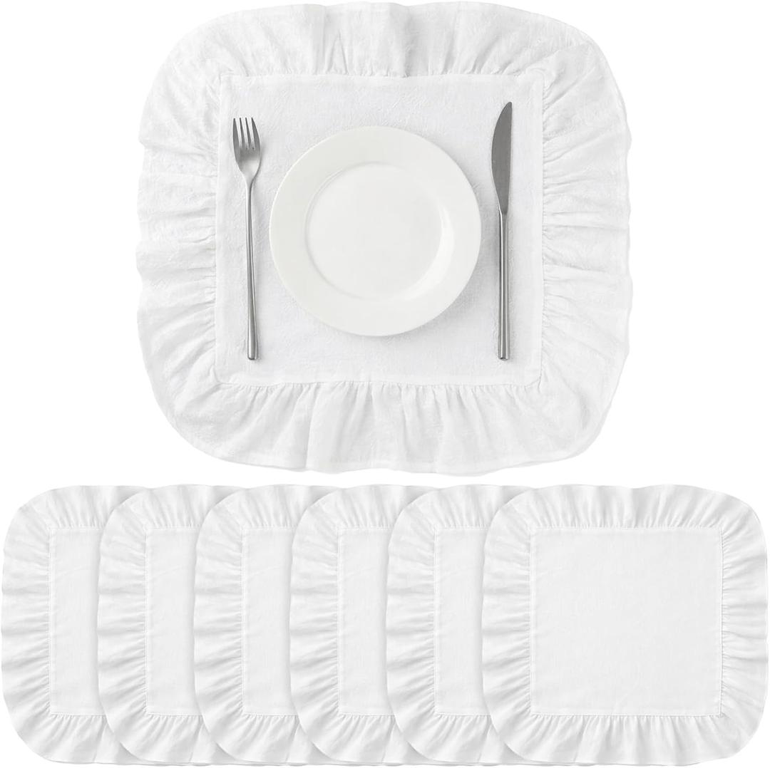 Patelai Set of 6 Beige Ruffle Placemat 16 Inch Beige Square Cotton Fabric Tablemat Farmhouse Rustic Decorative Scalloped Washable Place Mat for Wedding Holiday Party Kitchen Dining Table Decor