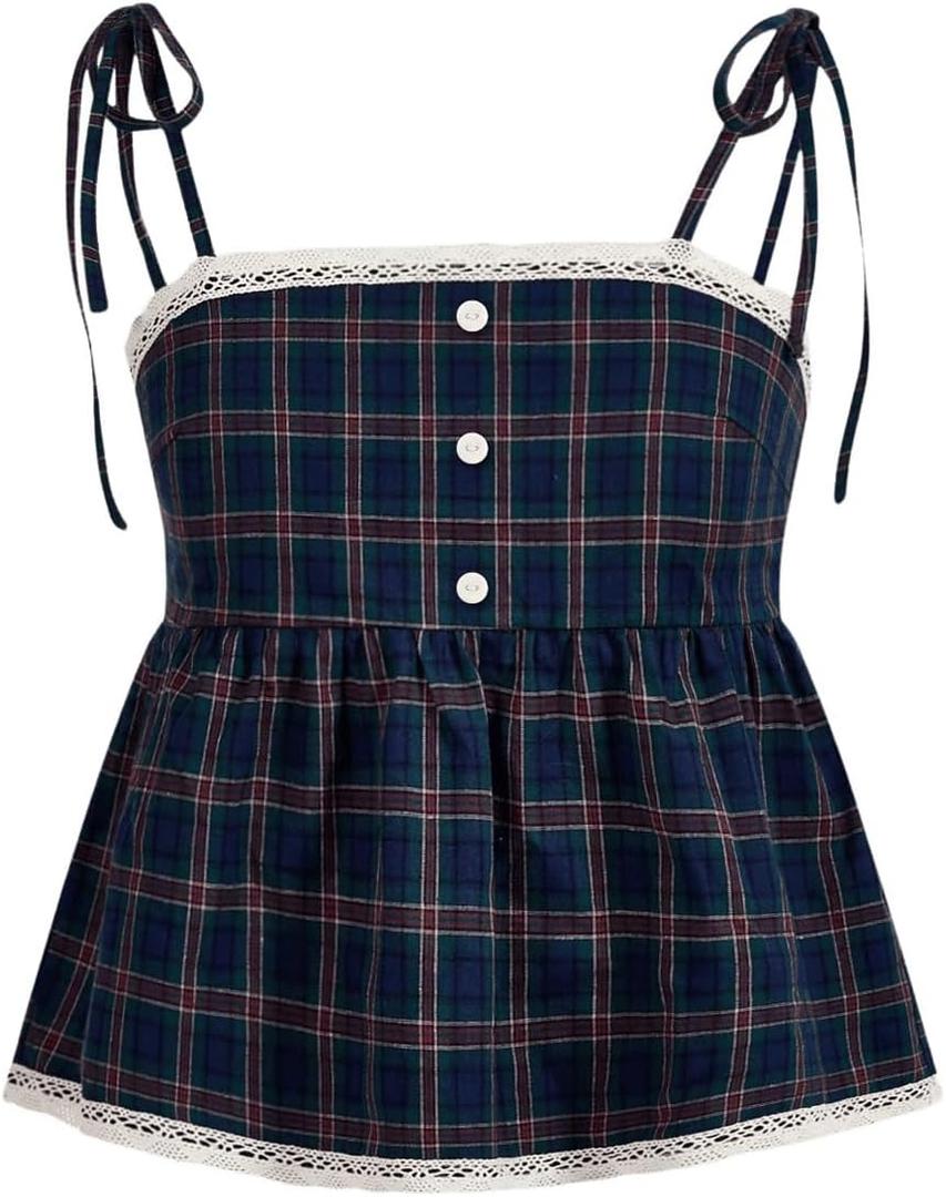 Verdusa Women's Tie Shoulder Button Front Ruffle Hem Cami Top Sleeveless Peplum Shirt Dark Blue X-Small