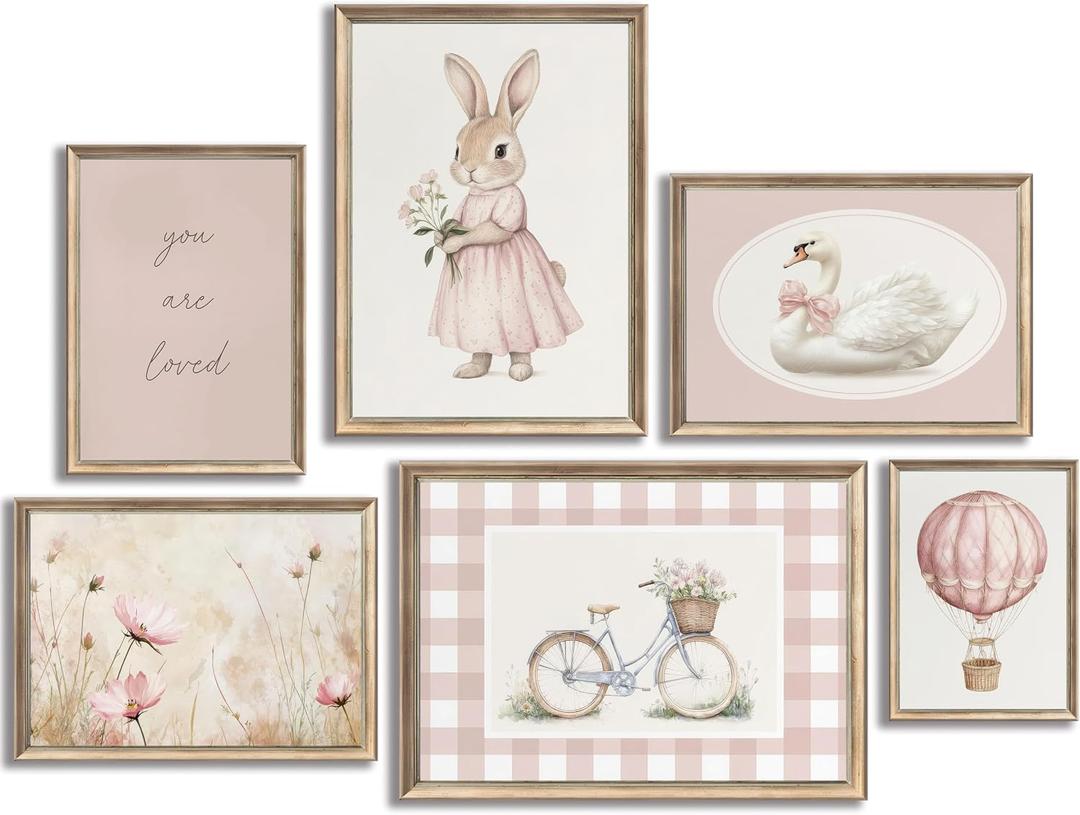 2 x 6Pcs Pink Nursery Bunny Wall Art Kids Swan Flower Painting Pictures Cute Rabbit Animal Poster Prints Retro Hot Air Balloon Canvas Wall Decor for Kid Baby Girls Bedroom Unframed