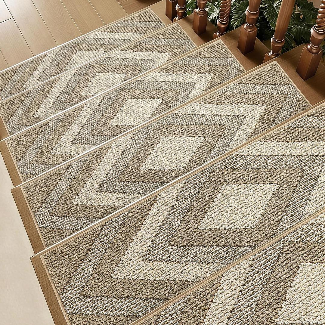 Stair Treads for Wooden Steps Indoor, 14 Pack 9"x28" Non Slip Carpet Stair Treads,Machine Washable Stair Runner Rugs with Peel & Stick Reusable TPE Backing for Kids Elders & Pets,Beige