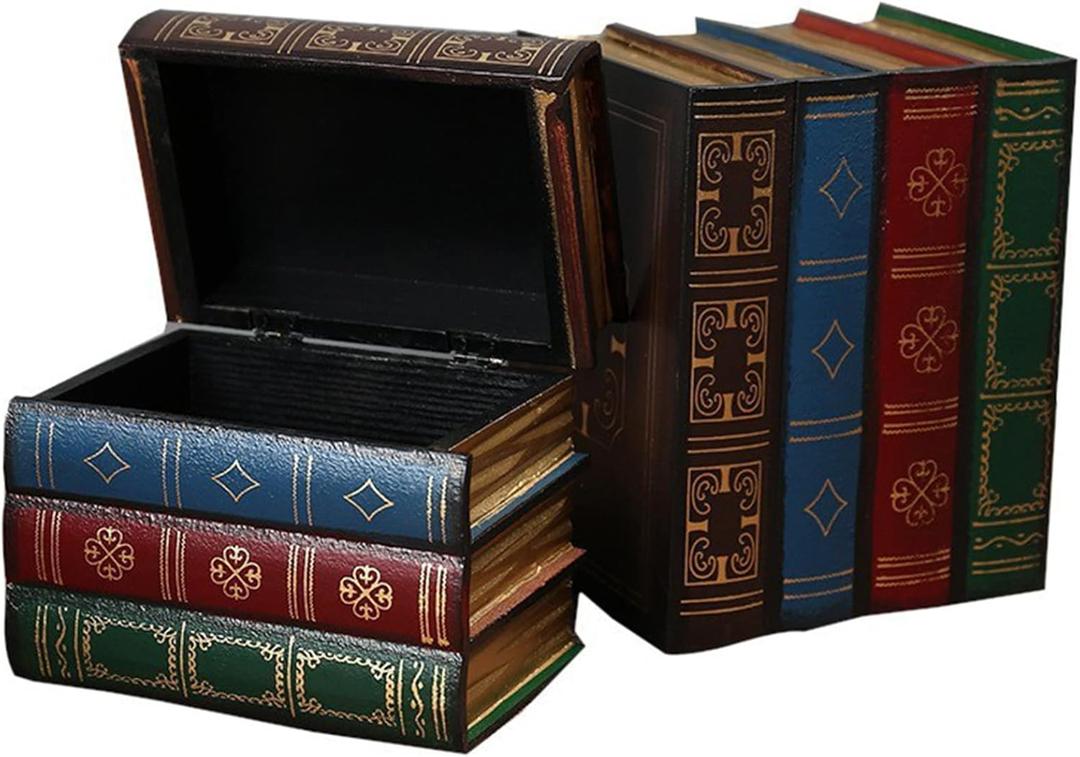 2 Pack Decorative Book Boxes Wooden Antique Book Decorations Vintage Book Storage Box (Style C)