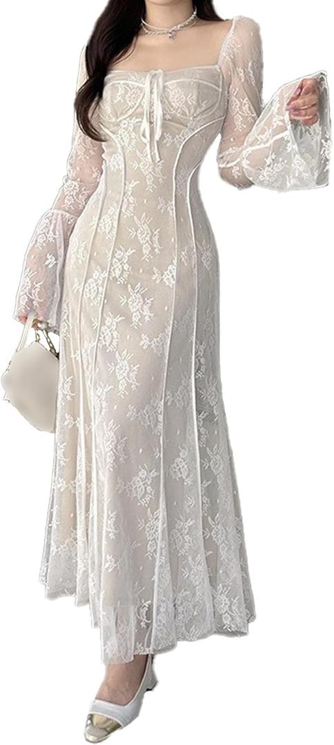 xxxiticat Women's Floral Lace Maxi Dress Long Sleeve Square Neck Flower Print Swing Hem Layered White Fairy Long Dress (Large)