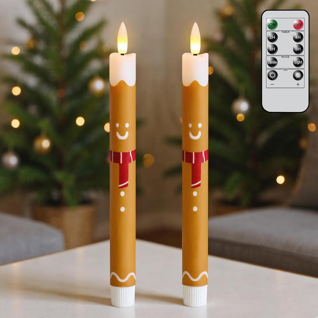 Christmas Flameless Taper Candles with 6H Timer, 2 Pcs Gingerbread Man LED Candlesticks with 3D Flickering Flame for Home Dcor Christmas Gifts