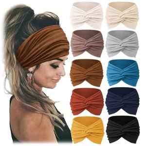 Jesries 10 PCS Women Headbands African Wide Hair Wrap Extra Turban Head Bands for Lady Large Sport Workout Stretch Non-slip Big Hair Bands (Khaki)