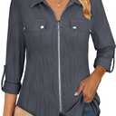 Zamowoty Womens Long Sleeve Shirts Roll Up V Neck Collared Blouses Zip Front Dressy Business Casual Tops (Gray, XXL)