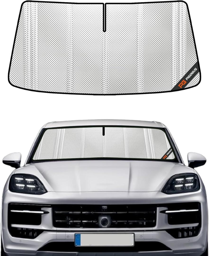 Windshield Sun Shade for Porsche Cayenne 2019-2025. Full Coverage Rearview Mirror Shade for Ultimate Protection (Shiny Silver (Upgrade))