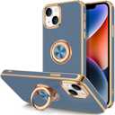 Hython for iPhone 14 Case with Ring Stand [360 Rotatable Ring Holder Magnetic Kickstand] [Support Car Mount] Plated Gold Edge Slim Soft TPU Luxury Shockproof Protective Phone Case Cover, Blue Gray