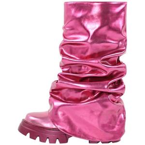 sexytag Women's Metallic Boots Slouchy Foldover Platform Round Toe Western Pull-On Fashion Boots (11, Pink-mid Calf)