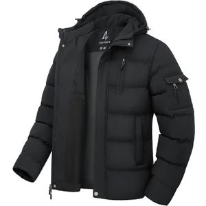 Men's Winter Coat Thicken Insulated Waterproof Puffer Jacket Hooded Windbreaker Parka With Multi-Pockets (Black)