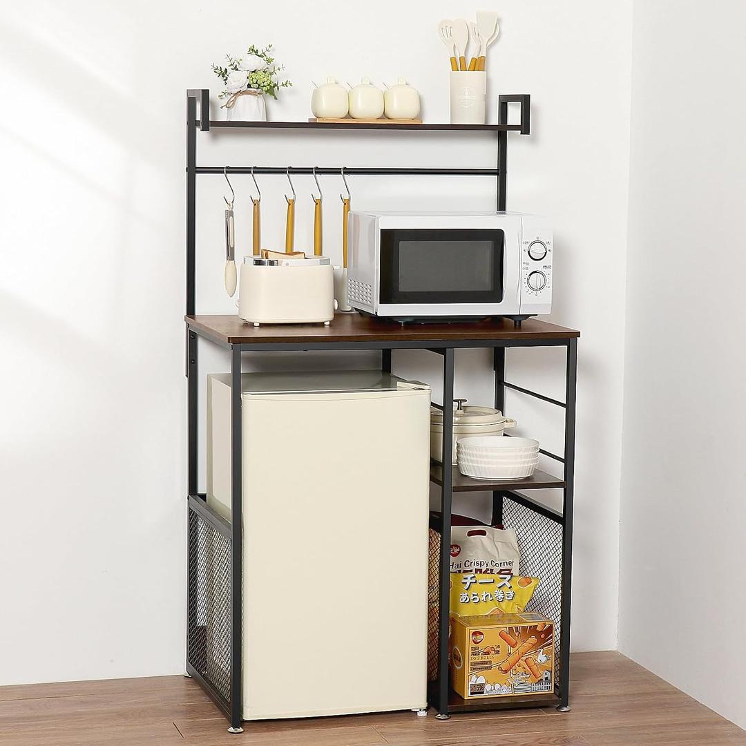 LUCKUP Mini Fridge Cabinet Microwave Stand with Shelf Storage, 4 Tiers Kitchen Bakers Rack with Adjustable Feet for Kitchen Dorm Space Saving, Rustic Brown, 35.04" x 22.05" x 60.2"