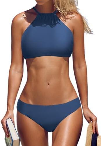 beautyin Womens Floral Striped Halter High Neck Bikini Swimsuit Set Cross Back M