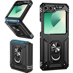 Phone for Samsung Galaxy Z Flip 6 Case with Hinge Protection and 360°Rotate Ring Magnetic Kickstand. [Military-Grade] Phone Case (Black, Galaxy Z Flip 6)