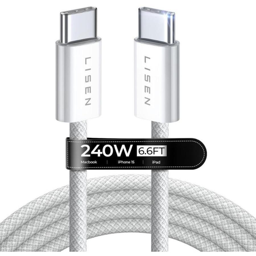 LISEN USB C to USB C Cable 240W USBC to USBC Cable PD Fast Charging Type C Cable USB C Charger Cable for iPhone 16 MacBook Pro iPad Pro Matebook Chromebook Pixel Samsung S24 Switch (White-1pack)