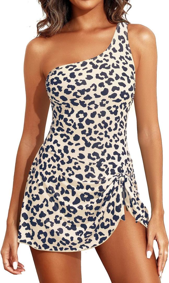 Tempt Me Women One Piece Swim Dress One Shoulder Swimsuit with Skirt Tummy Control Swimdress Bathing Suit (X-Large, Leopard)