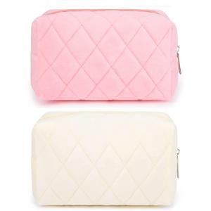SOIDRAM 2 Pieces Makeup Bag Checkered Cosmetic Bag Plush Pink White Makeup Pouch Travel Toiletry Bag Organizer Cute Makeup Brushes Storage Bag for Women