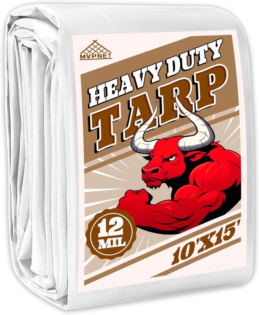Tarp 10x15 ft Heavy Duty 12mil 100% Waterproof High Durability Multipurpose,Uv Resistant,White Tarp Suitable for Swimming Pools, Boats, Camping, Courtyards