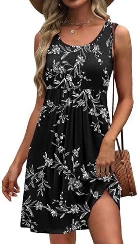 Akihoo Women Summer Casual Sleeveless Midi Plain Pleated Tank Vest Dresses, XL