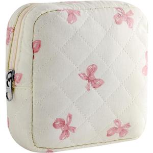 RSRSLEII Small Quilted Cosmetic Pouch for Purse, Mini Cotton Makeup Bag with Compartments, Cute Zipper Lipstick Holder for Women (03White Bow)