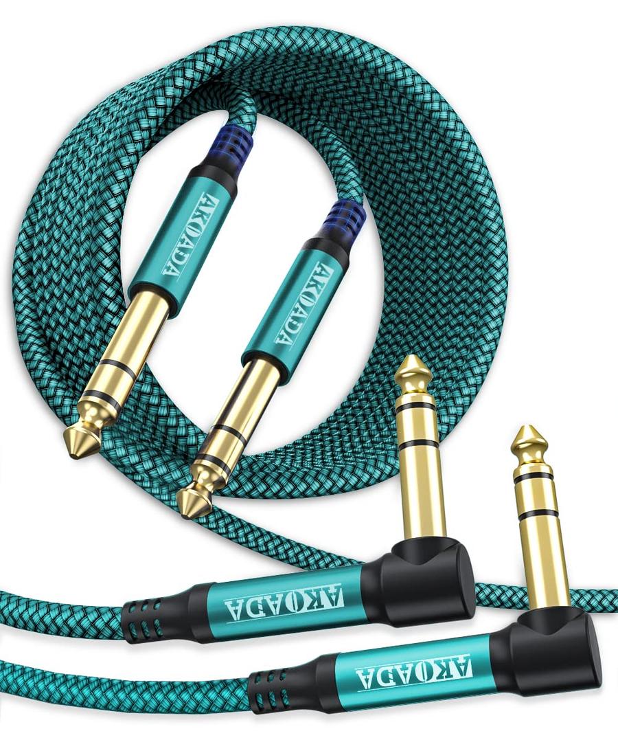 AkoaDa 1/4 inch Instrument Cable 10 ft 2Pack, 6.35mm 1/4 TRS Balanced Stereo Audio Male to Male Cable for Bass Instrument,Electric Instrument,Pro Audio,Mixers,Green