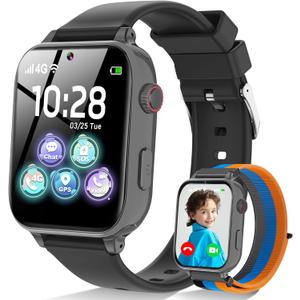 4G Kids Smart Watch GPS Tracker, Smartwatch for Kid with SIM Card, Calling, Voice Chat, Class Mode, SOS, Pedometer, Alarm, Games, HD Touch Screen Phone Watch Gift for 4-12 Girls Boys, Black Grey