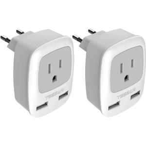 European Travel Plug Adapter 2 Pack, TESSAN International Power Outlet Adaptor with 2 USB, Type C Charger from USA to Most of Europe EU Spain Iceland Germany France Italy Israel (grey)