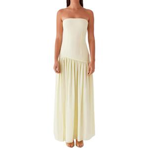 Women Tube Top Dress Tiger Stripe Mesh Patchwork Maxi Dress Strapless Sexy High Slit Long Dresses Party Clubwear (Small, Light Yellow)