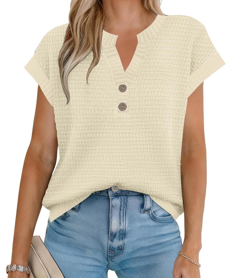 Women's Sweater Vest Spring Summer Button V Neck Striped Pullover Tank Top Cap Sleeve Knit Sweaters Tops (XL)