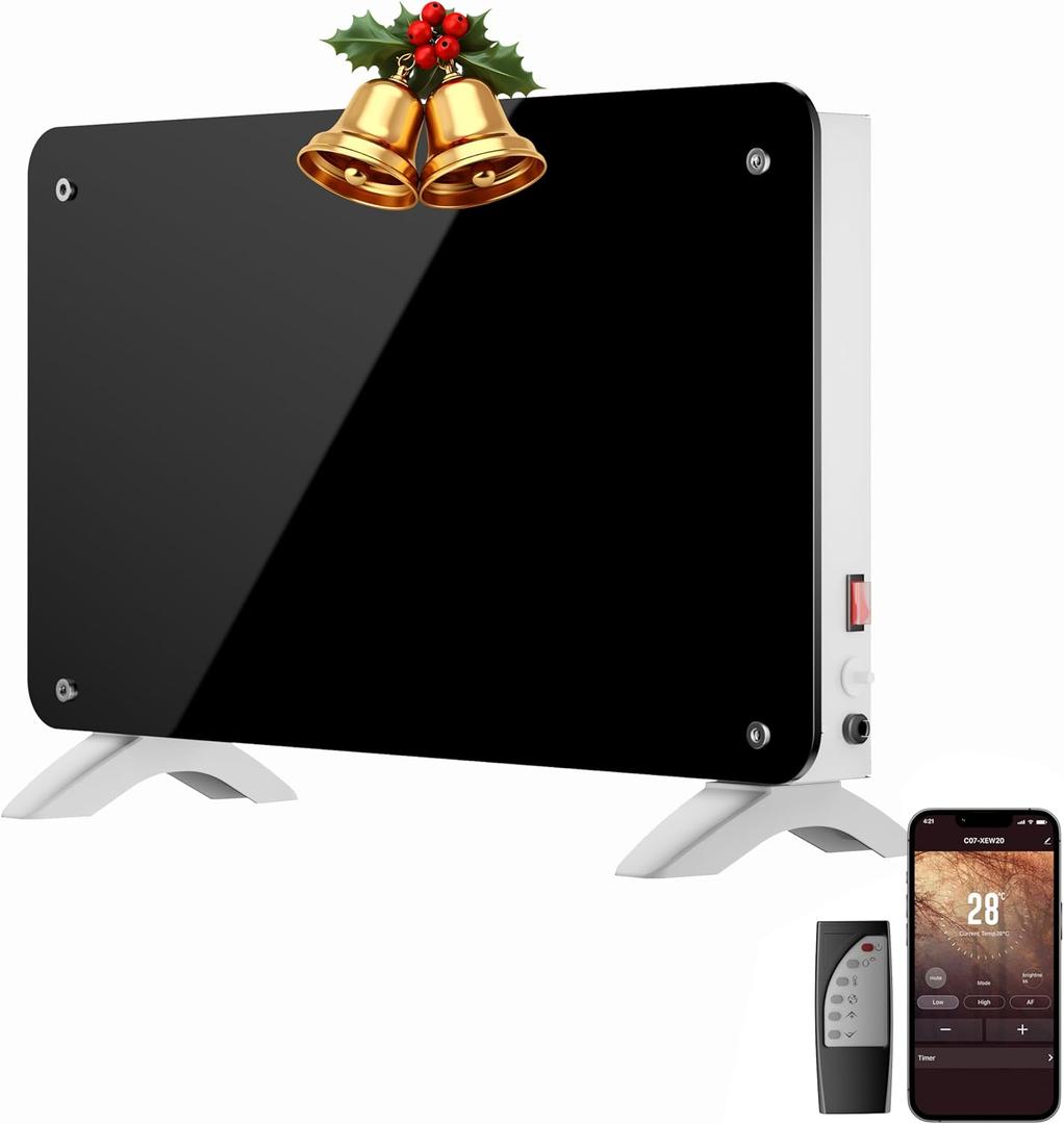 Convection Heater Wifi Control, Indoor Space Heater, 1500W Electric Heating with Remote Control, Digital Display, Fast Heating, 24H Timers for Living Room, Bedroom, Office (White) (White and Black)