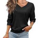 FMEYOA Womens Black Sweatshirts V Neck Long Sleeve Lightweight Loose Fall Spring Basic Shirts Tops (Black, XX-Large)