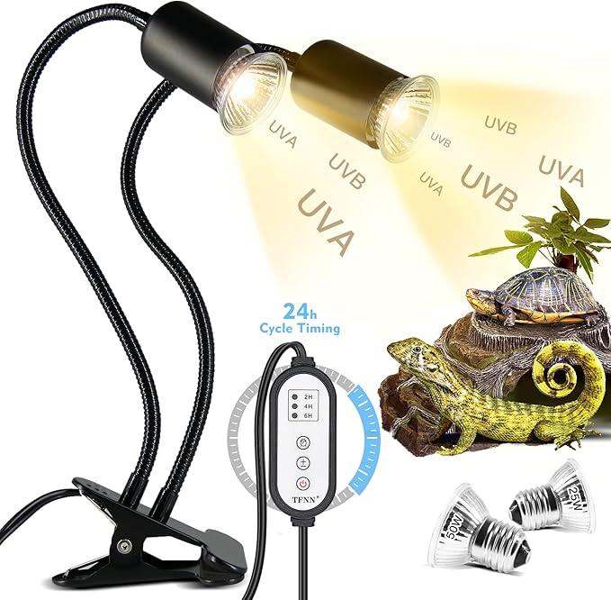 Reptile Heat Lamp, Double-Head Heat Lamp with Clamp, UVA UVB Reptile Light with Intelligent Cycle Timer for Turtle, Bearded Dragon, Lizard and More, 2 Bulbs 25W+50W
