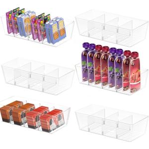 BALEINE Clear Plastic Storage Bins with 3 Removable Dividers, Pantry Organization, BPA Free Stackable Refrigerator Organizers and Storage for Kitchen Fridge Cabinet Bathroom (10.5x6.1x3.5, 6PK)